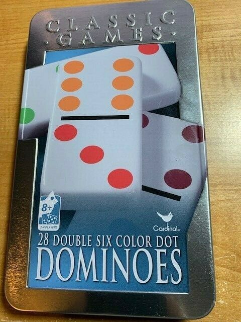 Dominoes - Double Six Color Dot - Set of 28 Dominoes, Instructions and Tin